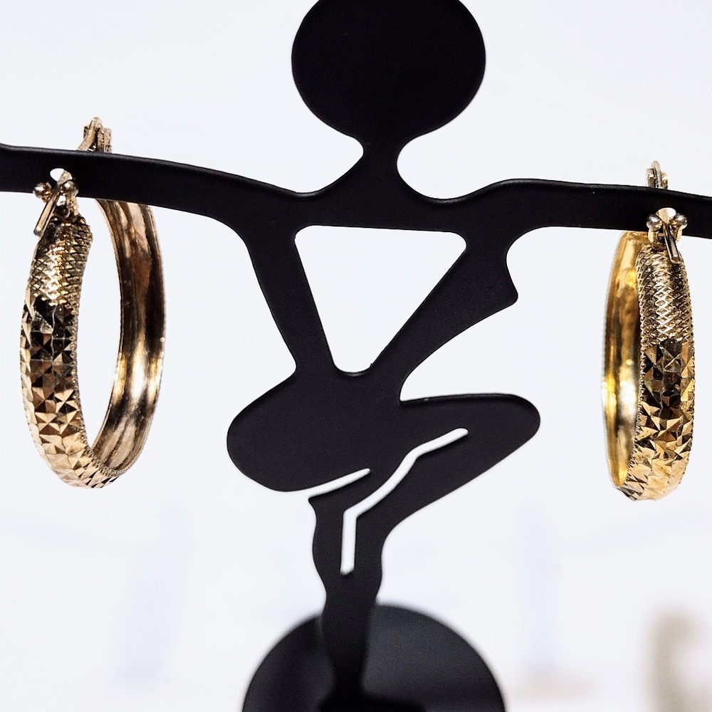 Turkish Yellow Gold Over Sterling Silver Diamond Cut Pattern Hoop Earrings
